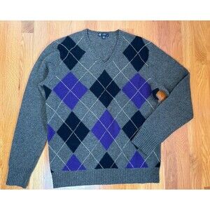 J. CREW Mens Premium Lambswool Sweater Medium  V Neck Olive/Purple Argyle